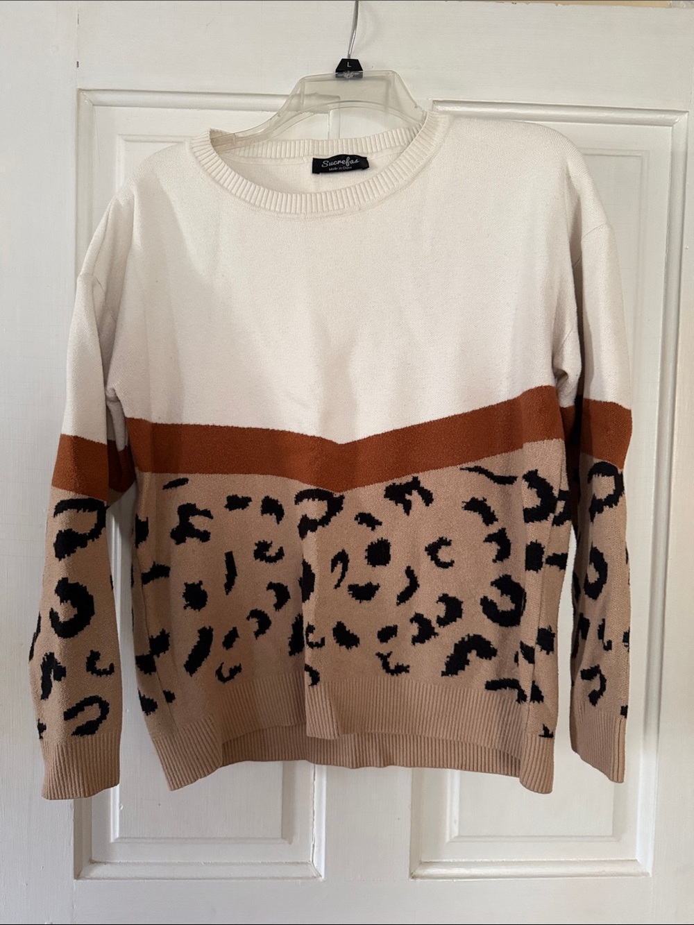 Sanctuary Cream, Tan & Rust Leopard Colorblock Crewneck Sweater